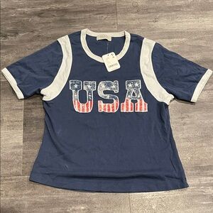 Free People Navy and White USA Tee